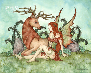 Red haired fairy sitting with a red elk, surrounded by rocks and ferns