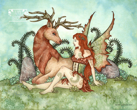 Red haired fairy sitting with a red elk, surrounded by rocks and ferns