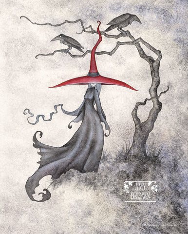 A witch in a red hat stands on a cliff with 2 ravens in a tree behind her. 
