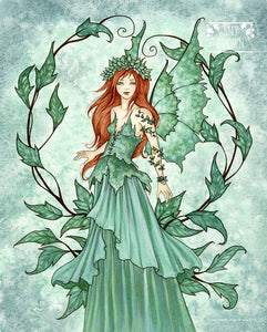 Red haired fairy queen dressed in green with vines around her
