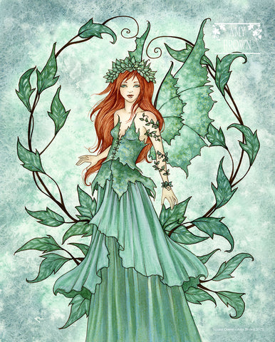 Red haired fairy queen dressed in green with vines around her