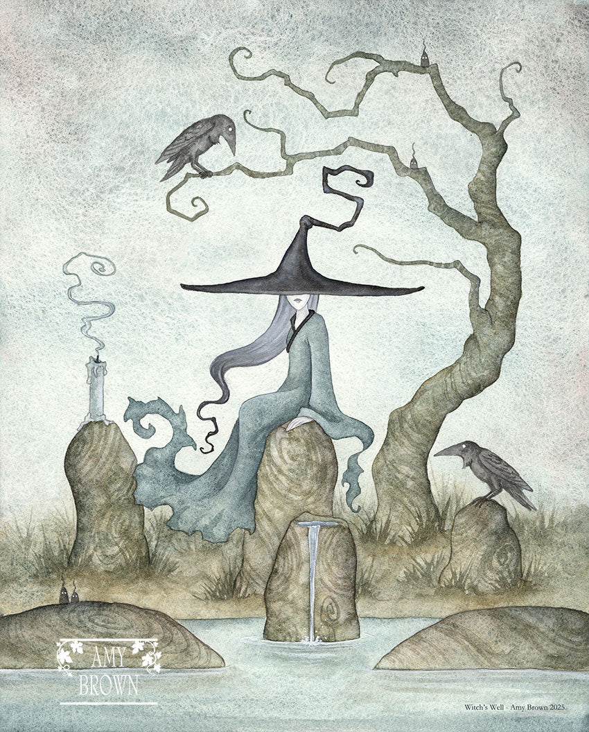 A witch sits at a well, with 2 ravens. 