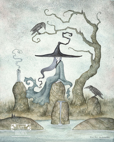 A witch sits at a well, with 2 ravens. 