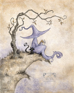 A witch sits on a ledge reading with her black cat. 
