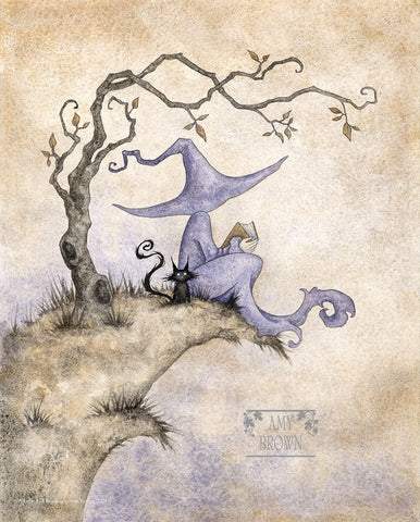 A witch sits on a ledge reading with her black cat. 