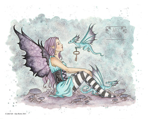 Blue, grey, purple fairy with a little dragon