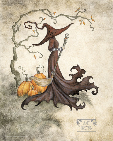 Illustration of a witch with a broom and pumpkins on a textured background, signed by Amy Brown.