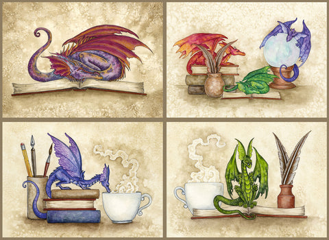 dragons sleeping or hanging out on books