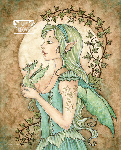 A green fairy holds a tiny green dragon. Ivy winds behind them. 