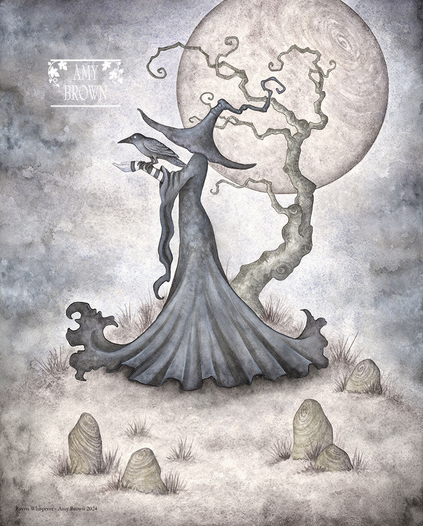 witch with raven perched on arm, twisted tree and full moon