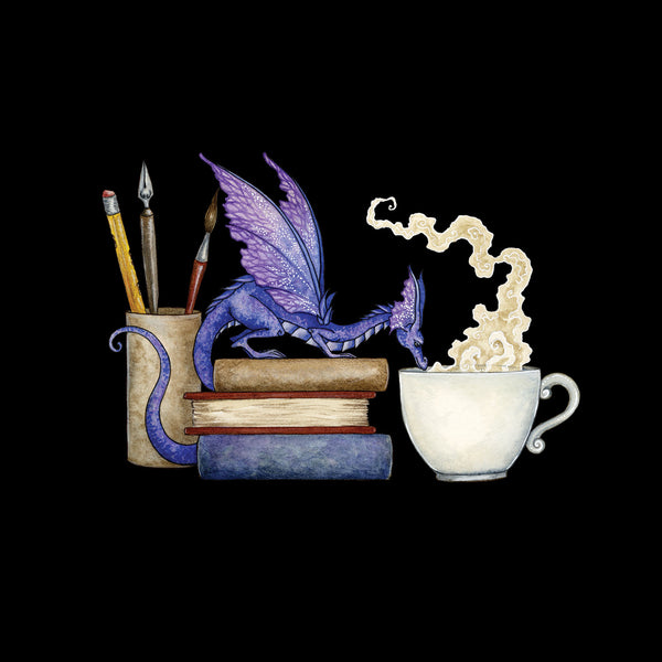 Purple dragon on books with a steaming cup of coffee and paintbrushes on a black background