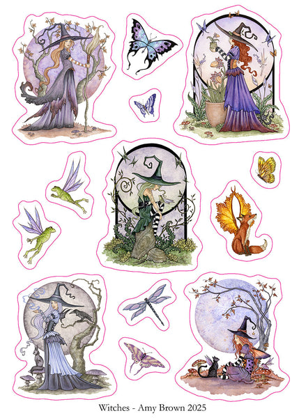 Set of illustrated stickers featuring witches and nature elements by Amy Brown, 2025.