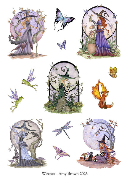 Illustrations of witches and fantasy creatures by Amy Brown, featuring a variety of witch poses and animals.