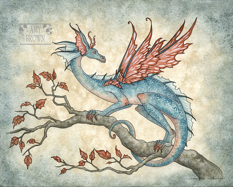 A blue and rust dragon stands on a fall branch.