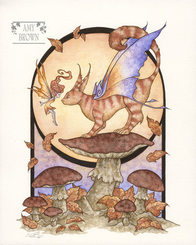 orange tabby fairy cat on mushroom looking at a tiny sprite