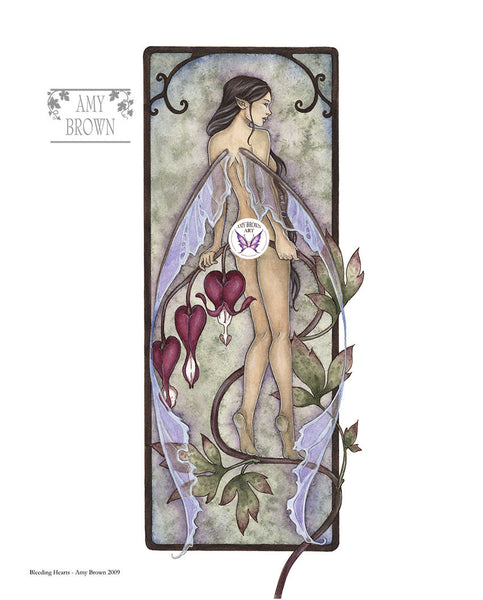 cheeky fairy standing on  bleeding heart (flower) stem with her back facing the viewer