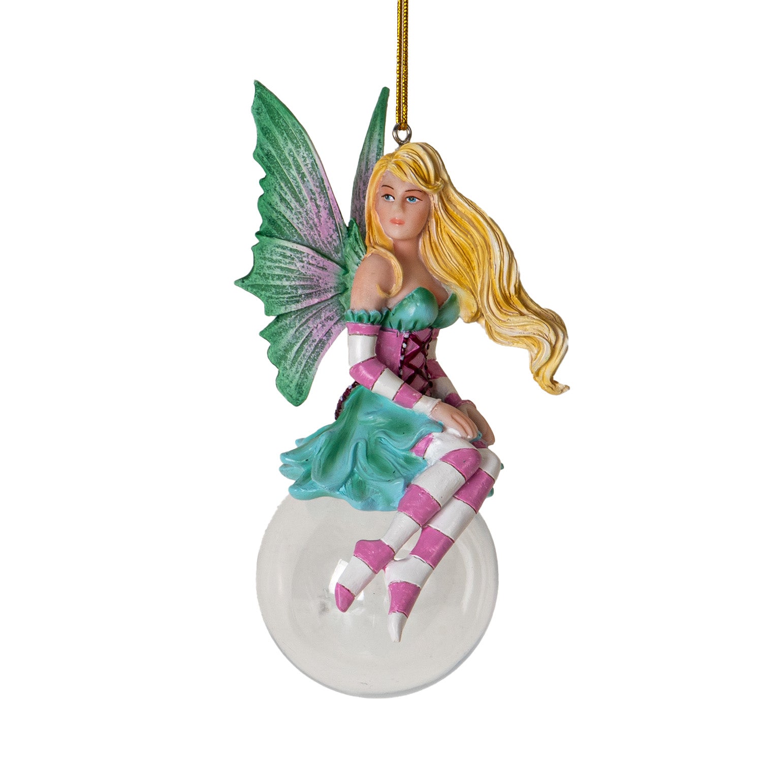 pink/green fairy sitting on bubble hanging ornament