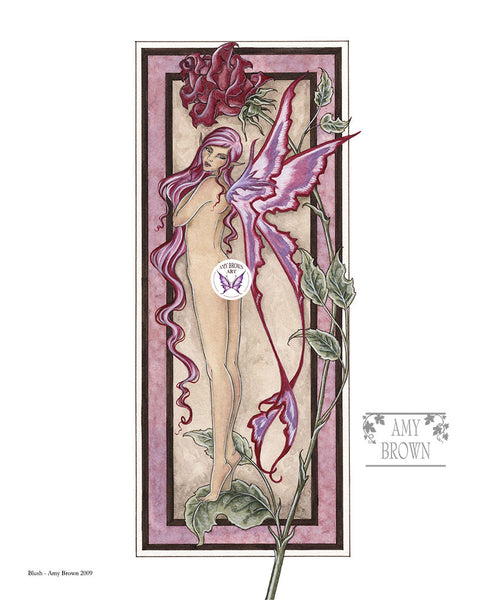 cheeky fairy standing on  a rose leaf with her back facing the viewer