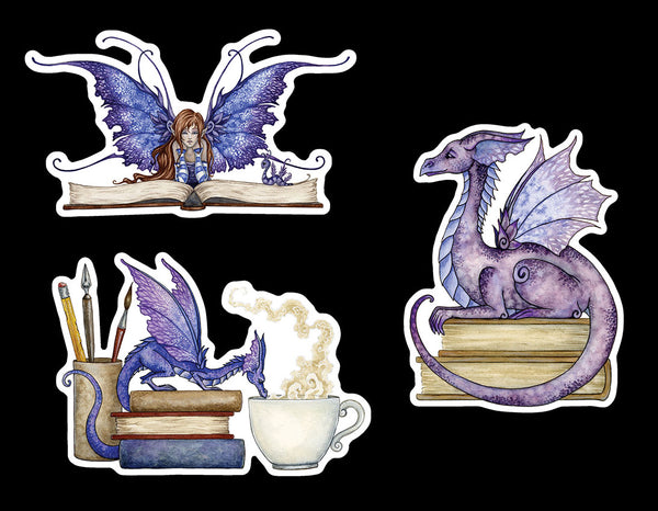 Set of fantasy-themed stickers featuring a fairy, dragons, and books on a black background.