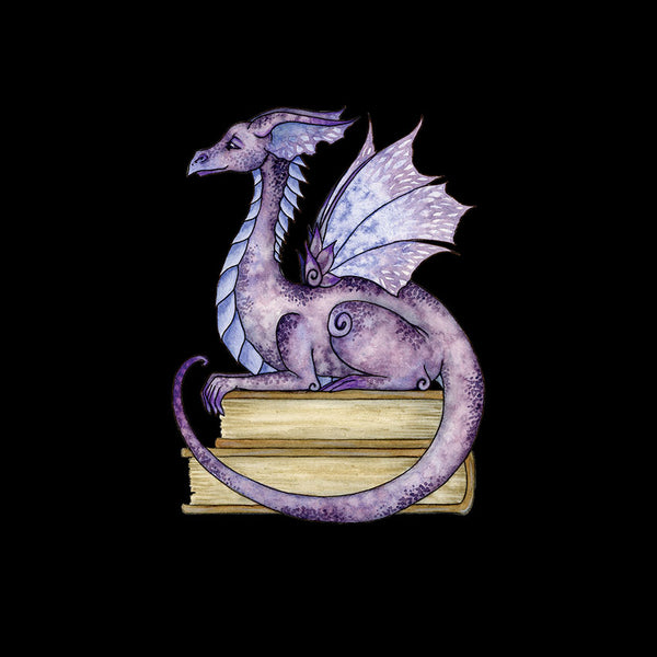 Purple dragon sitting on a stack of books against a black background