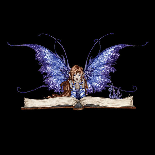 Illustration of a fairy with purple wings emerging from an open book on a black background