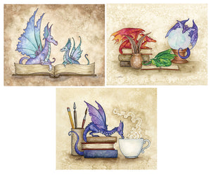 various dragons sitting on books