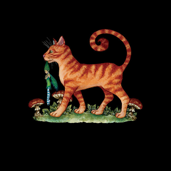 Illustration of a tabby cat with a fairy in its mouth on a black background
