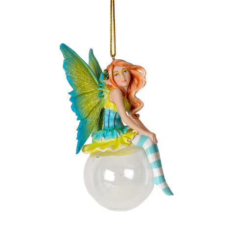 teal/green fairy sitting on bubble hanging ornament