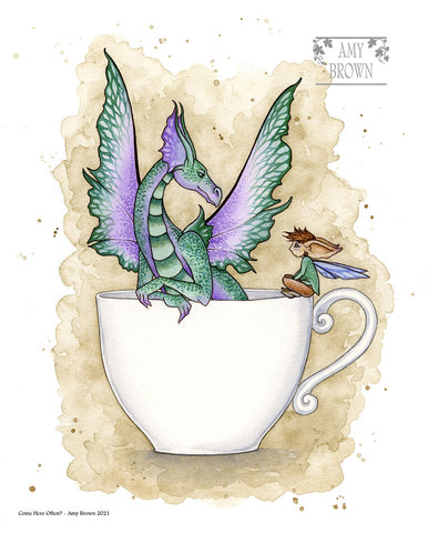 dragon sitting in a tea cup with a pixie sitting on the rim of the cup