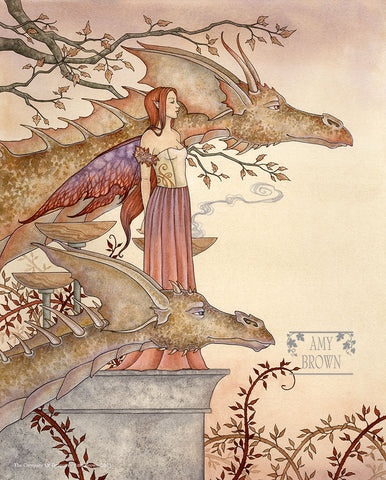 fairy on ledge gazing into distance with 2 dragons