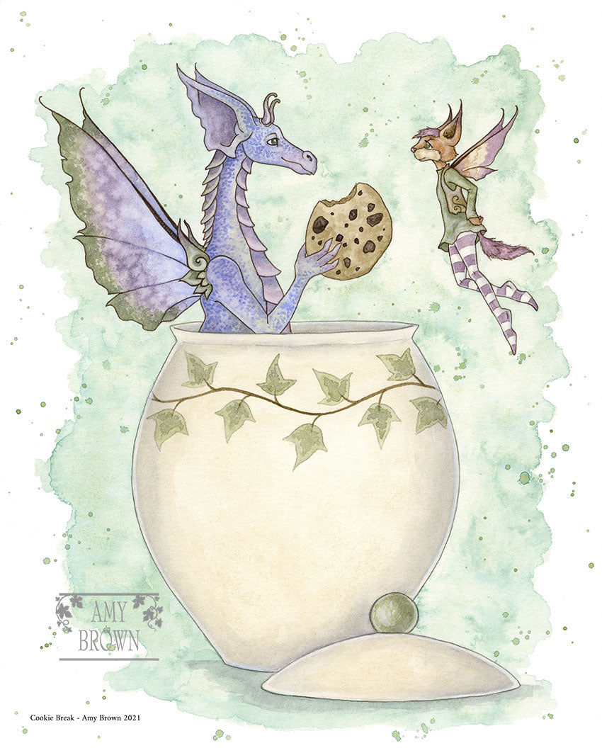 dragon in a cookie jar handing a cookie to a pixie