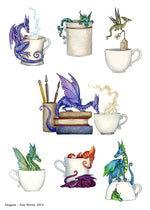 A collection of various tiny dragons playing around teacups