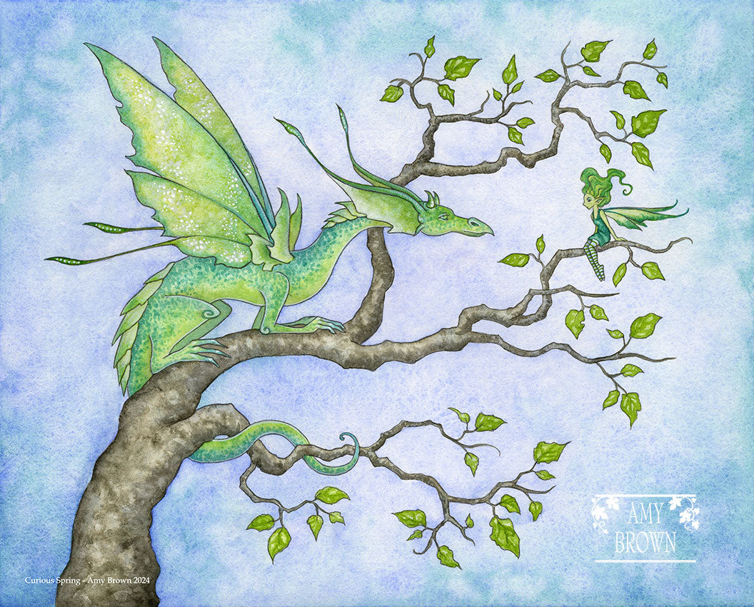 A green dragon stands on a branch looking at a little green fairy. 