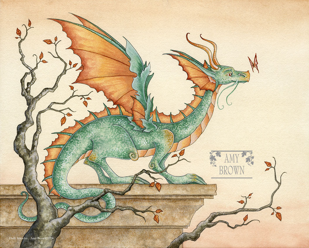 A green and orange dragon is standing on a ledge looking at a tiny butterfly.