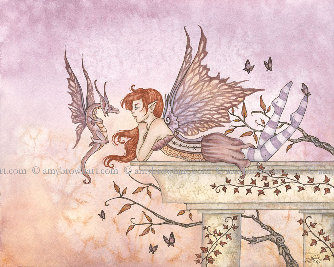 fairy laying on a ledge arguing with a tiny grumpy dragon