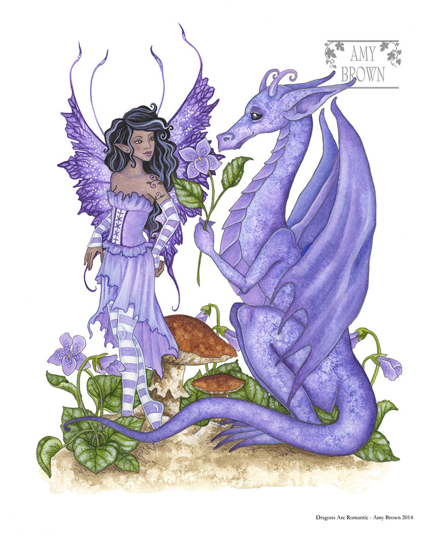 A purple dragon gives a fairy a violet. 