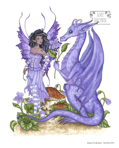 A purple dragon gives a fairy a violet. 