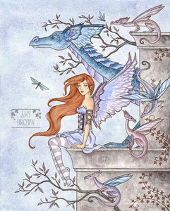 fairy and dragons sitting on a ledge