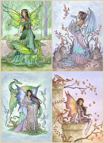 A collection of prints featuring fairies & dragons