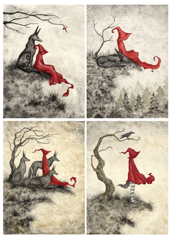 Dark Woods Mini-Prints SET -  Red & Wolf