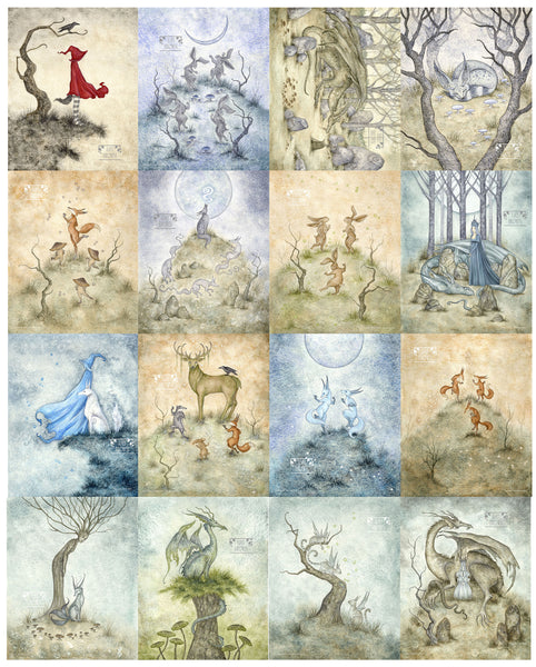 various "Dark Woods" style prints with forest animals, trees, and cloaked figures