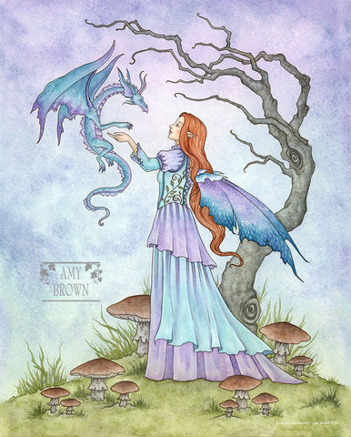 Woman in a fantasy dress with a dragon and mushrooms in a mystical setting