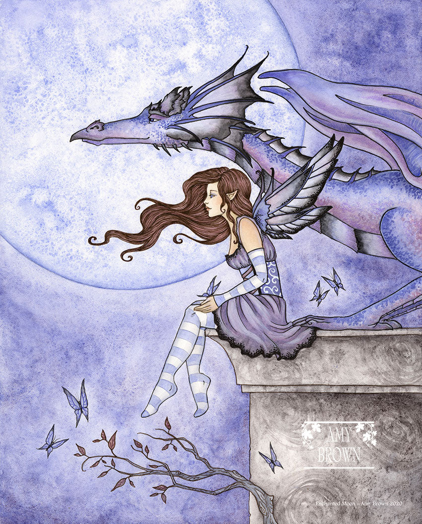 purple fairy and dragon sitting on a ledge with a full moon