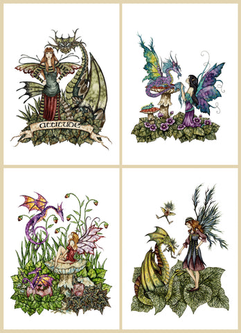 collection of 4 mini-prints featuring fairies and dragons