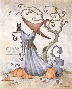 Artistic depiction of a witch with a cat, surrounded by pumpkins and a tree.