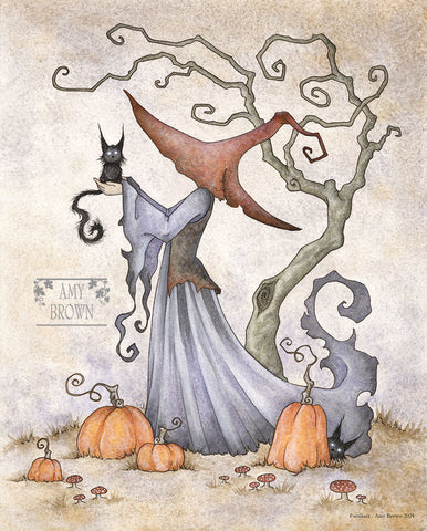 Artistic depiction of a witch with a cat, surrounded by pumpkins and a tree.