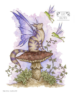 unicorn fairy cat sitting on mushroom with fairy frogs flying in the air