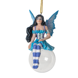 blue/lavender fairy sitting on bubble hanging ornament