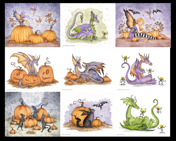 various prints featuring fairies, dragons, and cats