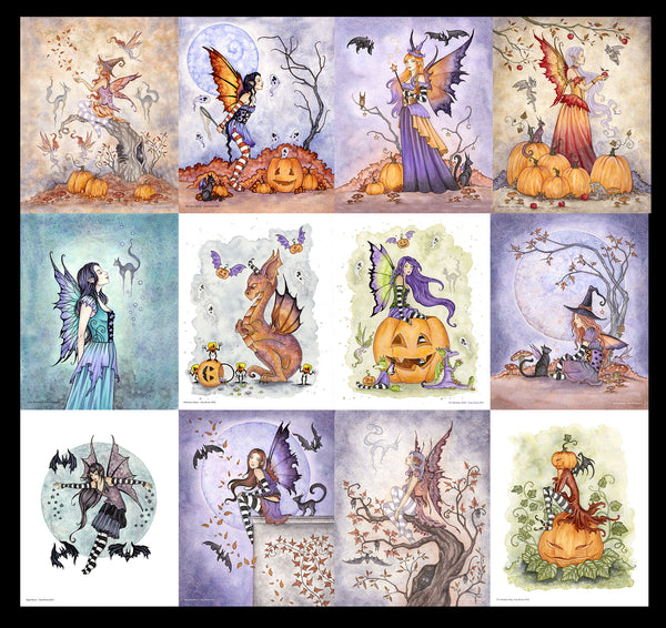 various prints featuring fairies, dragons, and cats